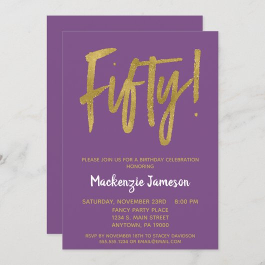 Invitation Purple Gold Script 50e Anniversaire Fête Invitatio (Devant / Derrière)