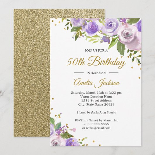 Invitation Purple Gold Sparkle Floral 50e anniversaire Invita (Devant / Derrière)