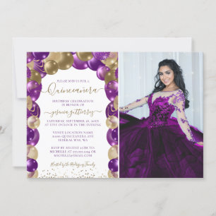 Invitation Purple Gold Sparkle Photo Quinceañera Balloon