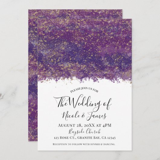 Invitation Purple Gold Splatter moderne Glam mariage Mariage (Devant / Derrière)