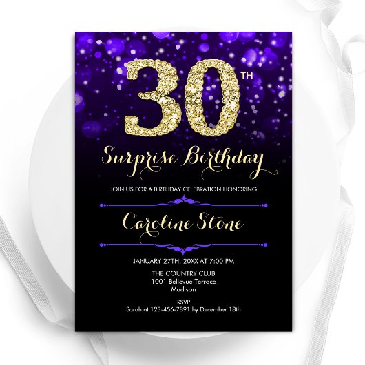 Invitation Purple Gold Surprise 30e anniversaire