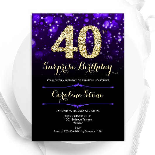 Invitation Purple Gold Surprise 40e anniversaire