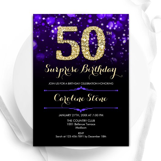 Invitation Purple Gold Surprise 50e anniversaire