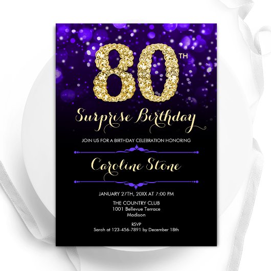 Invitation Purple Gold Surprise 80e anniversaire