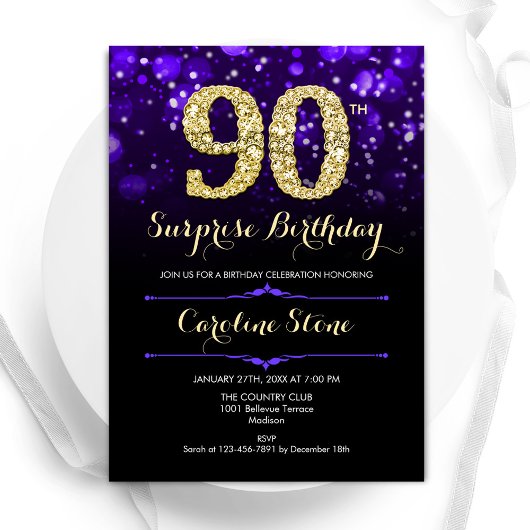 Invitation Purple Gold Surprise 90e anniversaire