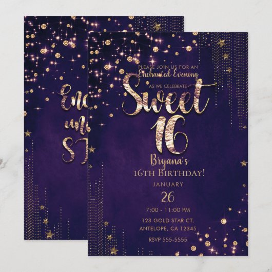 Invitation Purple & Gold Sweet 16 Star Whimsical (Devant / Derrière)