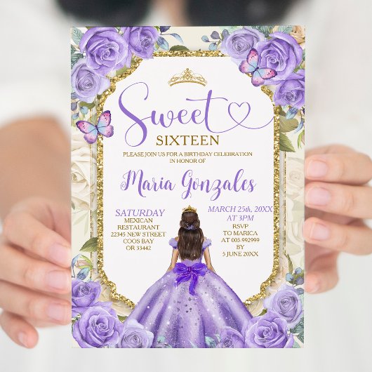 Invitation Purple Gold Sweet 16e anniversaire Princess Party