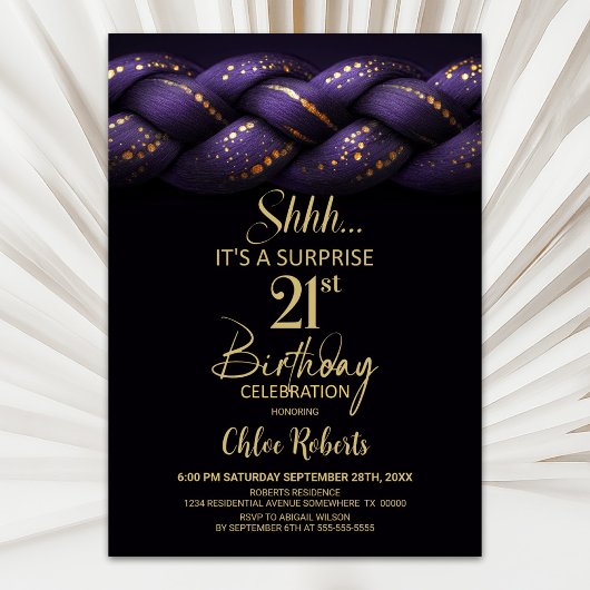 Invitation Purple Gold tresse Surprise 21e fête d'anniversair