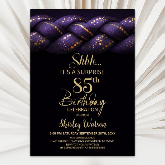 Invitation Purple Gold tresse Surprise 85e fête d'anniversair