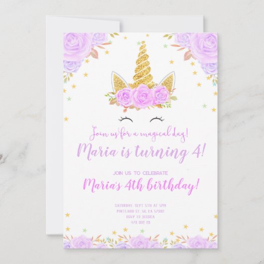 Invitation Purple Gold Unicorn visage Floral Anniversaire de (Devant)