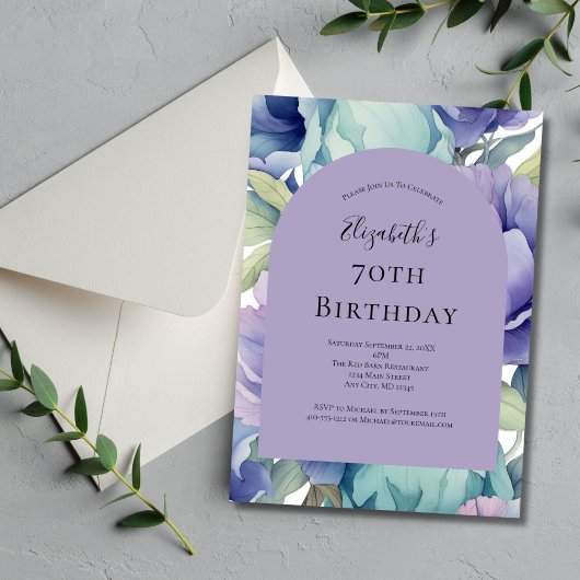 Invitation Purple Green Blue Floral 70e anniversaire pour ell