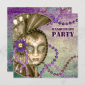 Invitation Purple Green Mardi Gras Beads Masquerade Party (Devant / Derrière)