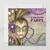 Invitation Purple Green Mardi Gras Beads Masquerade Party (Devant)