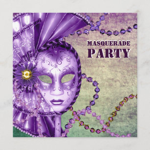 Invitation Purple Green Mardi Gras Beads Masquerade Party