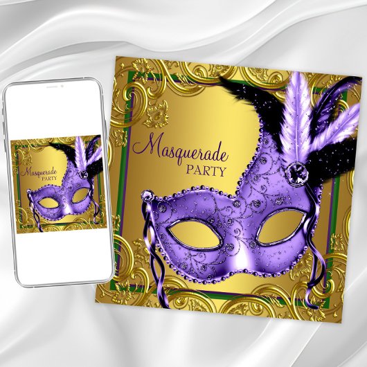 Invitation Purple Green Mardi Gras Masquerade Party