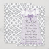 Invitation Purple Grey Damask Baby Girl Douche (Devant / Derrière)