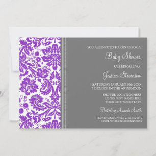 Invitation Purple Grey Damask Personnalisé Baby Shower Invita