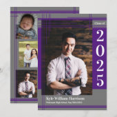 Invitation Purple Grey École Couleur Graduation Photo Plaid (Devant / Derrière)