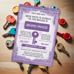 Invitation Purple Grunge Escape Room clé fête d'anniversaire
