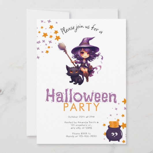 Invitation Purple Haired Witch et Black Cat Halloween Party (Devant)