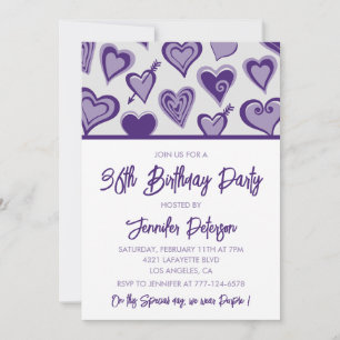 Invitation Purple Hearts Soirée Fille 36e anniversaire