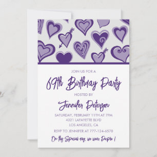 Invitation Purple Hearts  Soirée Fille 69e anniversaire