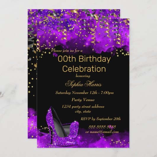 Invitation Purple High Heel Gold Black parties scintillant fê (Devant / Derrière)