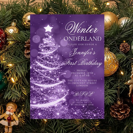 Invitation Purple Holiday Winter Onederland 1st Birthday