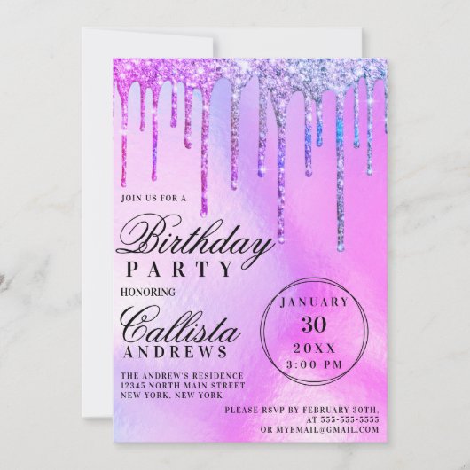 Invitation Purple Holographique Parties scintillant Drithday (Devant)