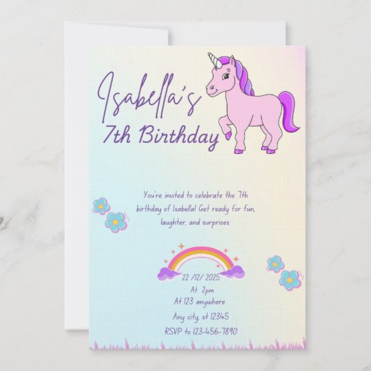 Invitation Purple horse and rainbow theme  (Devant)