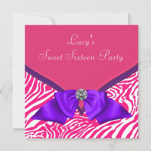Invitation Purple Hot Rose Zebra Sweet 16 Anniversaire Fête (Devant)