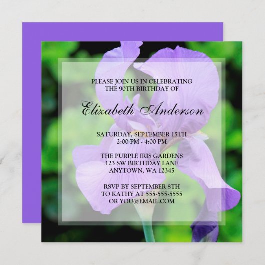 Invitation Purple Iris Flowers 90e fête d'anniversaire (Devant / Derrière)