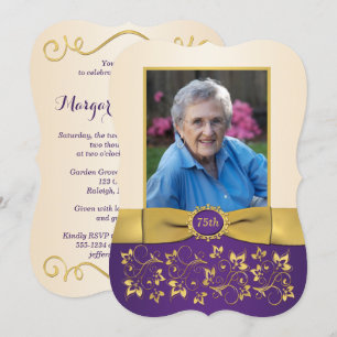 Invitation Purple, ivoire, Gold 75th Photo Birthday Invitatio