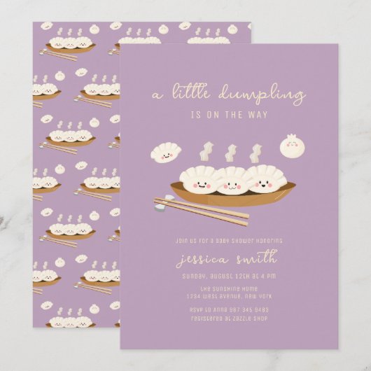Invitation Purple Kawaii Stream Bao Dumpling Baby Shower (Devant / Derrière)