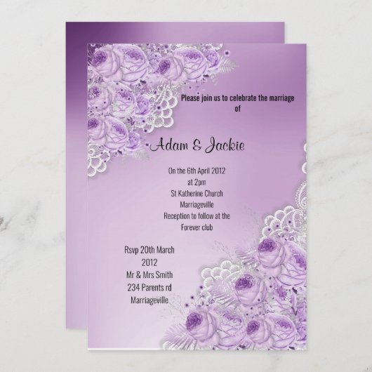 Invitation PURPLE LACE Florale ÉLÉGANT MARIAGE MODERNE (Devant / Derrière)