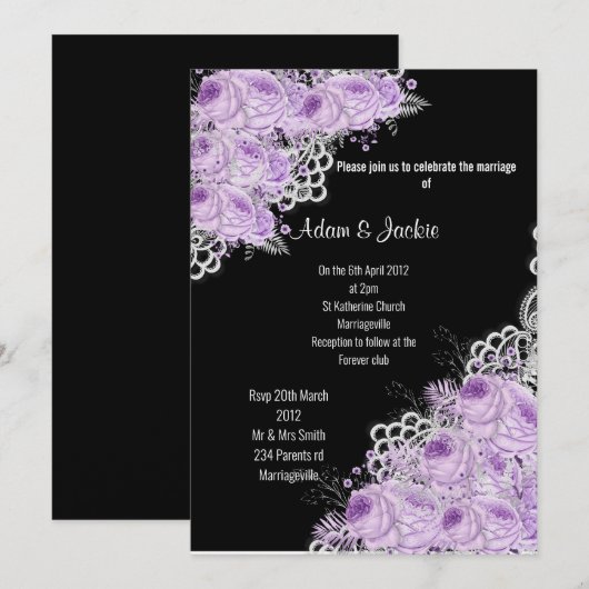 Invitation PURPLE LACE Florale ÉLÉGANTE MARIAGE MODERNE NOIR (Devant / Derrière)