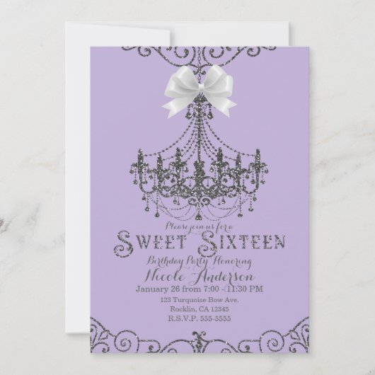 Invitation Purple Lavande Argent Blanc Bow Sweet 16 Seize (Devant)