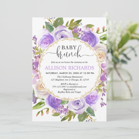 Invitation Purple lavande or floral fille brunch bébé (Debout devant)