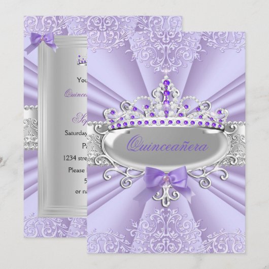 Invitation Purple Lavande Tiara Damask Quinceanera Party (Devant / Derrière)