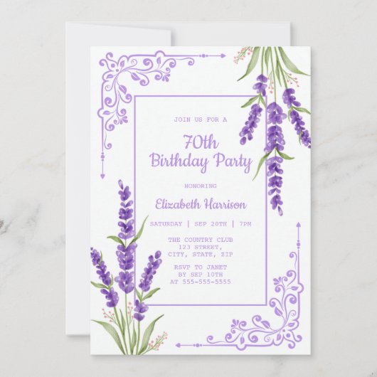 Invitation Purple Lavender Antique Frame 70e anniversaire (Devant)