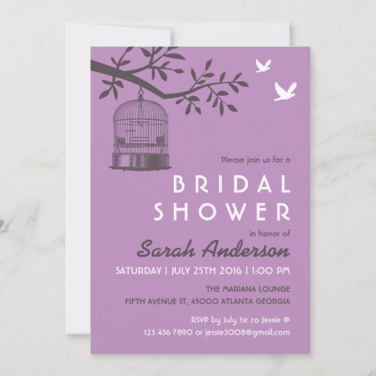 Invitation Purple Lavender Bird Cage Rustique Douche Invitati (Devant)