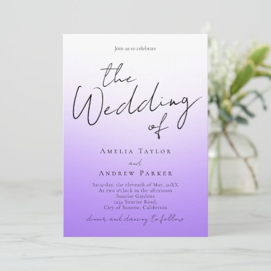 Invitation Purple Lavender Code QR minimal Mariage élégant (Debout devant)