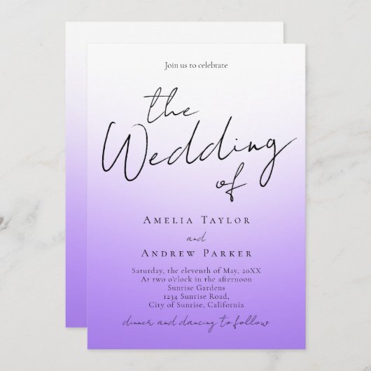 Invitation Purple Lavender Code QR minimal Mariage élégant (Devant / Derrière)