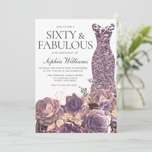 Invitation Purple Lavender Dusty Rose 60e fête d'anniversaire (Debout devant)