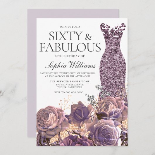Invitation Purple Lavender Dusty Rose 60e fête d'anniversaire (Devant / Derrière)