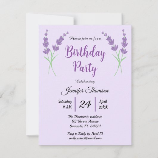 Invitation Purple Lavender fête d'anniversaire (Devant)