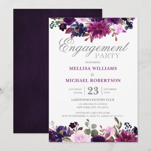 Invitation Purple Lavender Floral Boho Engagement (Devant / Derrière)