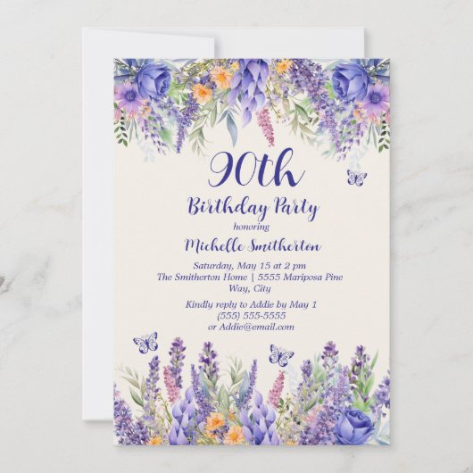 Invitation Purple Lavender Floral Garden Party 90th Birthday (Devant)