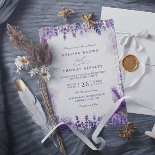Invitation Purple Lavender Floral Modern QR Code Wedding