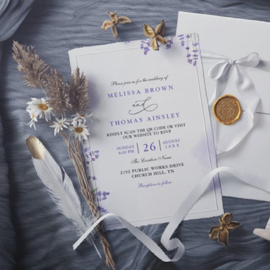 Invitation Purple Lavender Floral Rustic QR Code Wedding